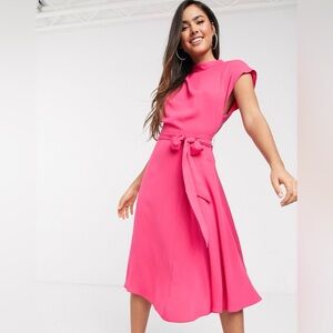 ASOS DESIGN high neck short sleeve skater midi dress in magenta